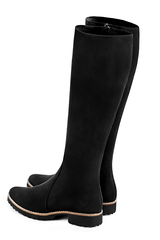 Matt black women's riding knee-high boots. Round toe. Flat rubber soles. Made to measure. Top view - Florence KOOIJMAN